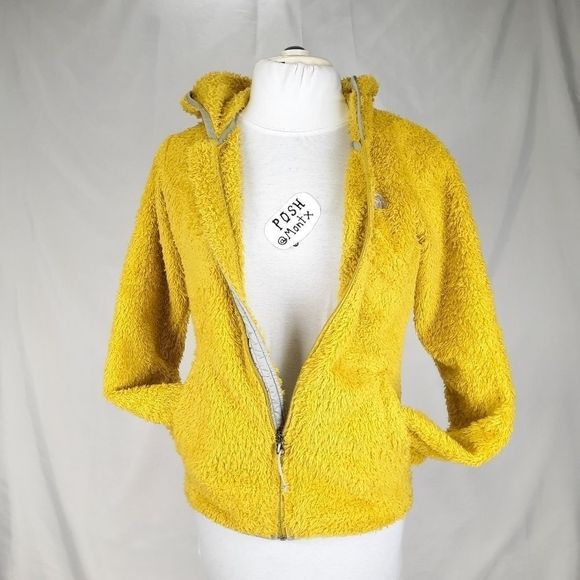 North Face hooded sweatshirt teddy bear fuzzy hoodie yellow gray half dome small - Picture 7 of 16